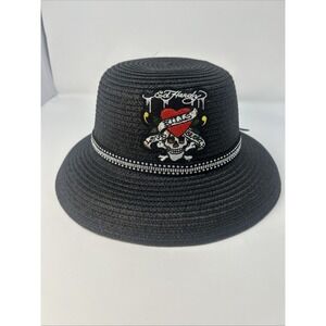 NWT Ed Hardy Women's Straw Black Sun Hat With Skull Patch And Rhinestone Band